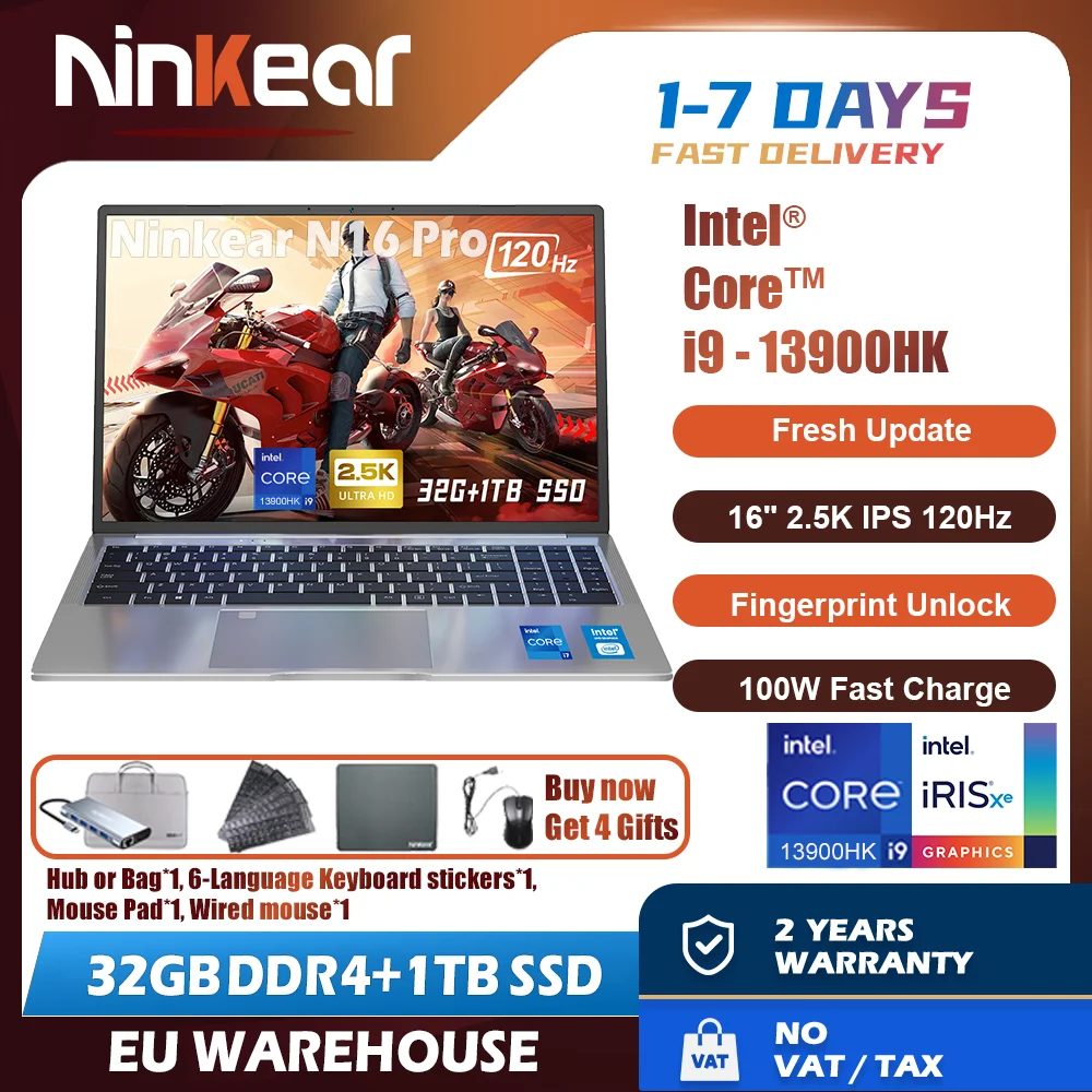 Ninkear dynamic N16 Pro 16-Inch Core i9-13900HK 14 cores 20 Thread Up to 5.4 Ghz 32GB Dual Channel DDR4 + 1TB PCIE SSD 2.5K Ultra HD IPS Hz Refresh s Fingerprint unlock Wi-Fi 6 & Bluetooth 5.3 100W Type-C Fast Charging High Performance