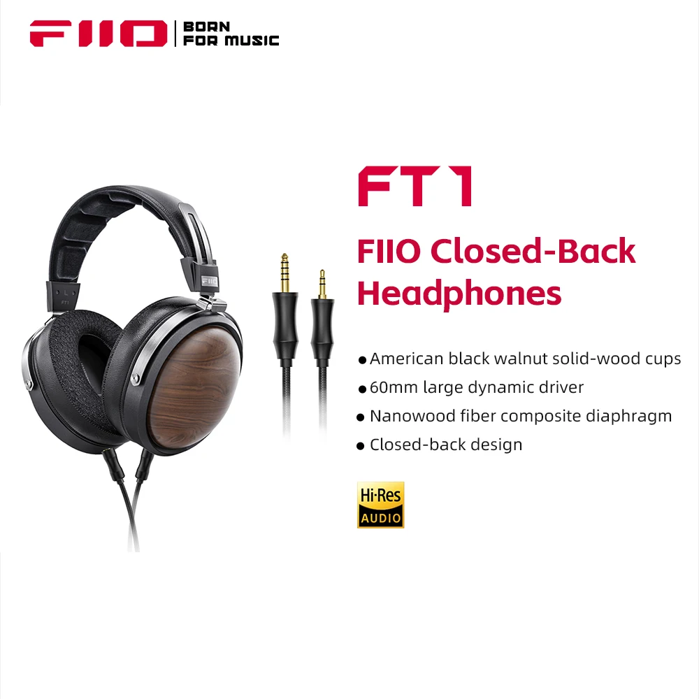FiiO FT1 Проводные Hi-Fi наушники с закрытой задней частью и накладными волоконными диафрагмами, амбушюры из американского ореха/бука для студии