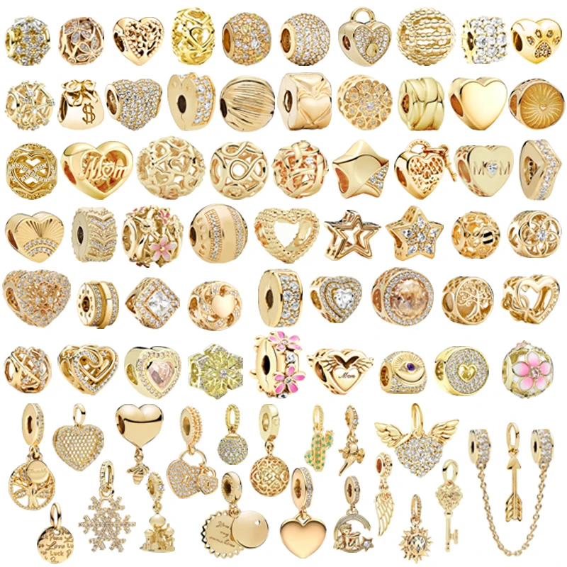 New Sparkling Gold Family Pendant HeartShaped Charm Beads Fit Original 925 Silver 925 P@ndora Bracelet DIY Women Jewelry Gifts