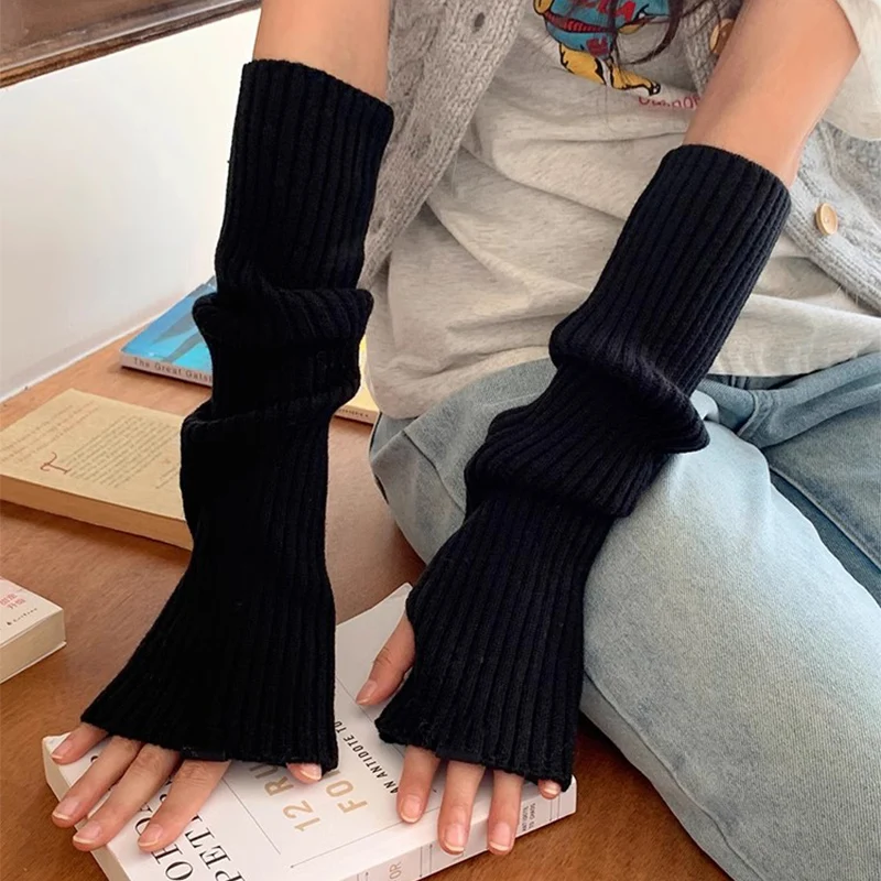 Guantes sin dedos de Lolita para mujer, calentadores de brazos góticos tejidos Kawaii, guantes de trabajo de mano blancos y negros, mangas tobilleras para Cosplay de Anime