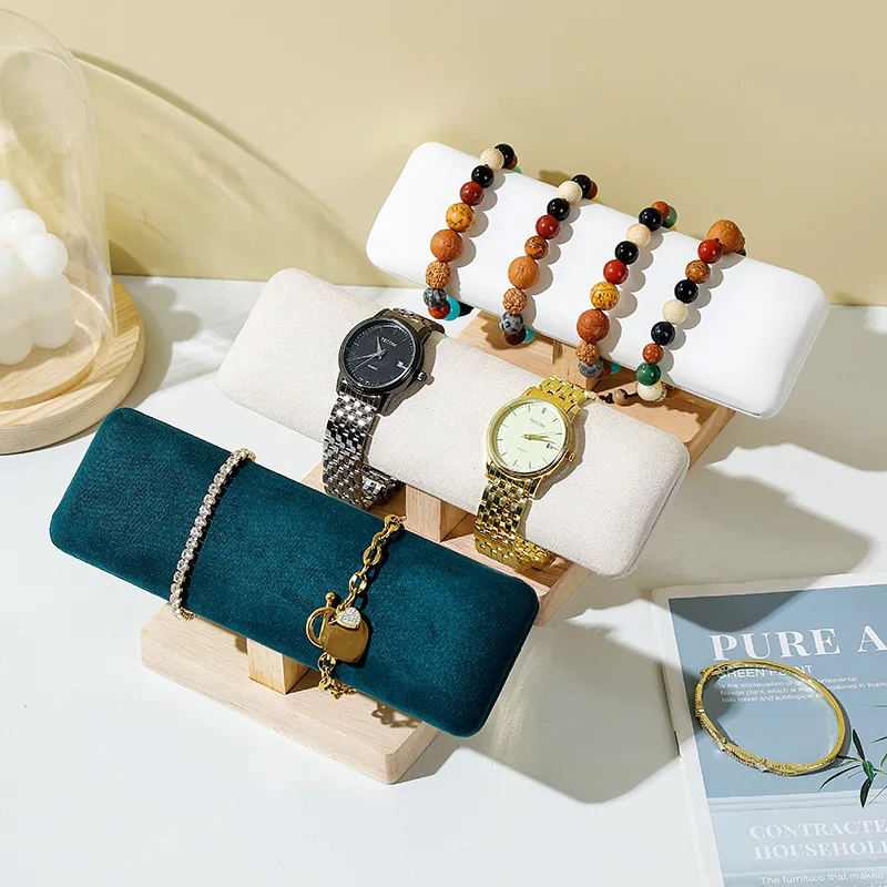 1 PC นาฬิกาไม้ยืนแสดงฐานนาฬิกาสร้อยคอสร้อยข้อมือ Organizer Rack กําไลข้อมือ Scrunchie แถบคาดศีรษะตู้โชว์ยืน