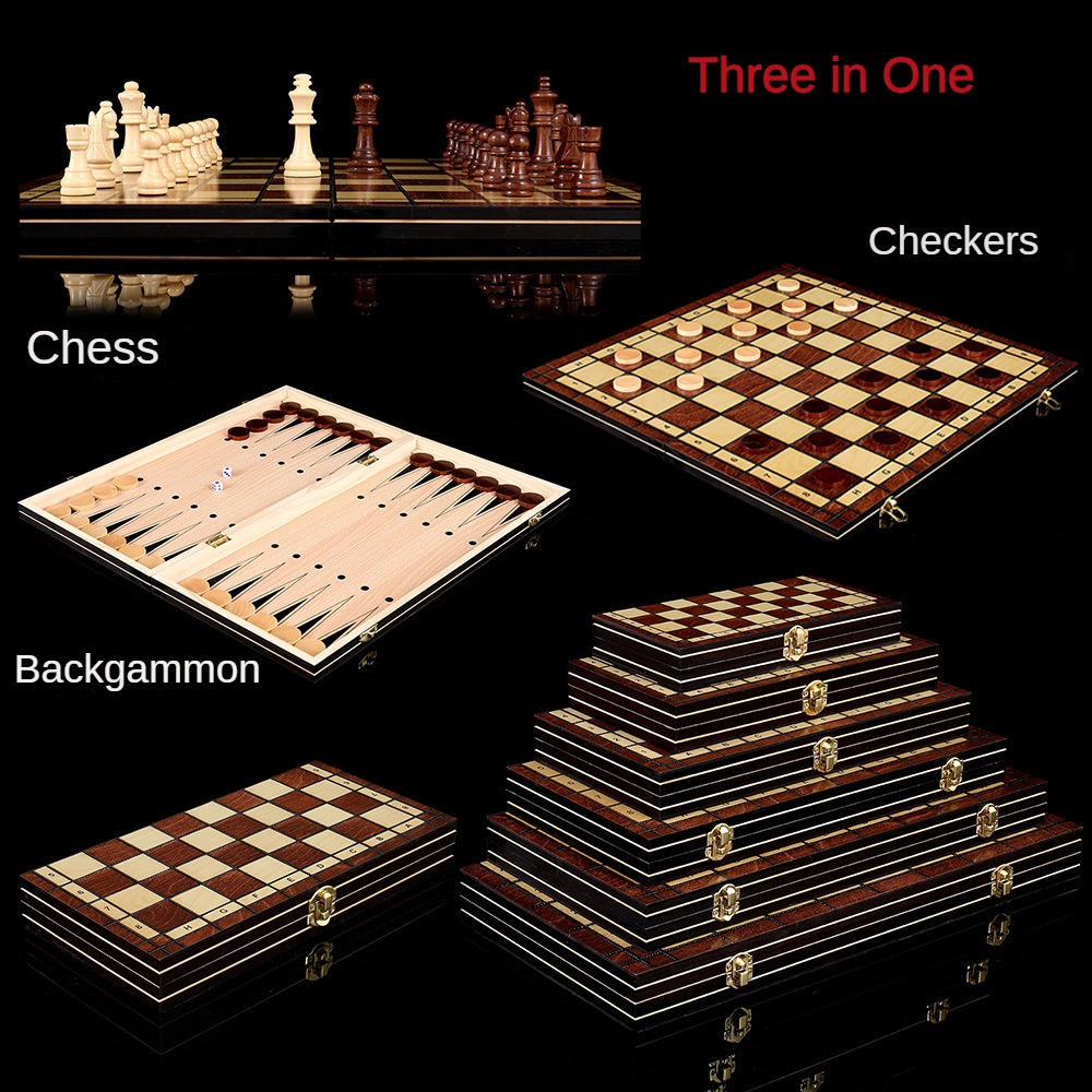 High-Grade Three-In-One Foldable Wooden Chess Backgammon Checkers For Sports Leisure