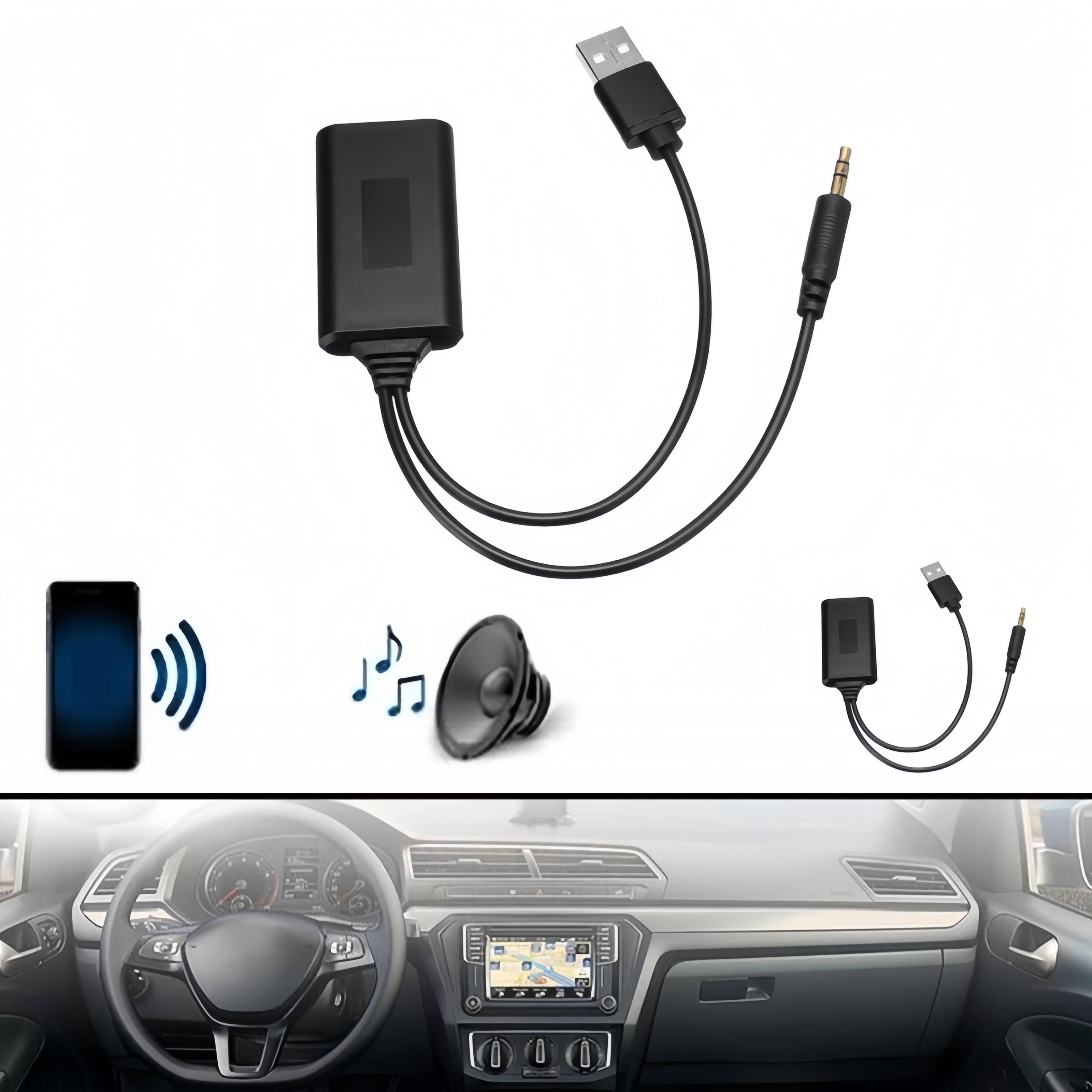 Bluetooth 5.3 auto-adapter draadloze audio-ontvanger met USB-oplader en 3,5 mm Aux-aansluiting handsfree bellen muziekspeler voor in de auto