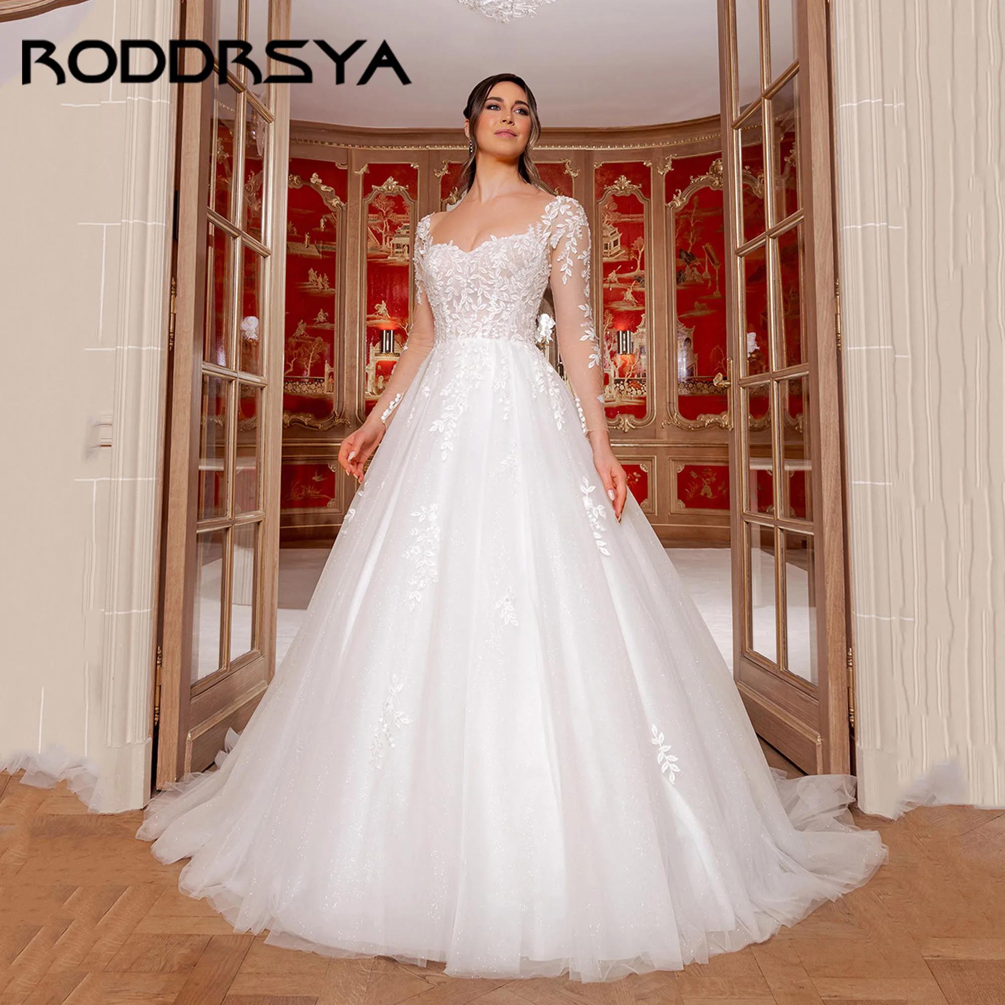 RODDRSYA A-Line Tulle ชุดเจ้าสาวที่ถอดออกได้แขนยาว V-Back Appliques ชุดแต่งงาน Sweetheart Robe de mariée ที่กําหนดเอง