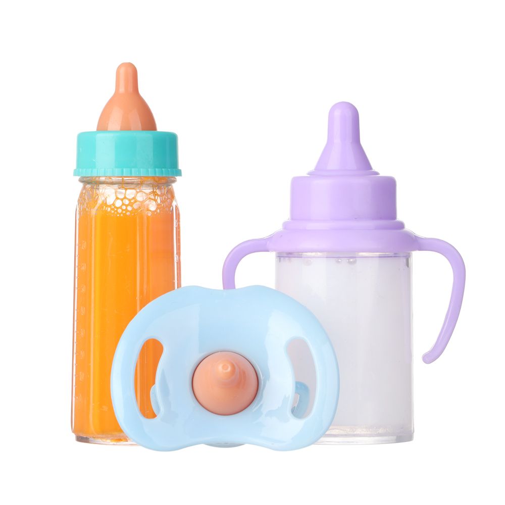Garrafas mágicas de suco de leite para boneca de 18 polegadas com babadores de chupeta cabem em bonecas recém-nascidas, garrafa de plástico para casa de bonecas, brinquedos reborn