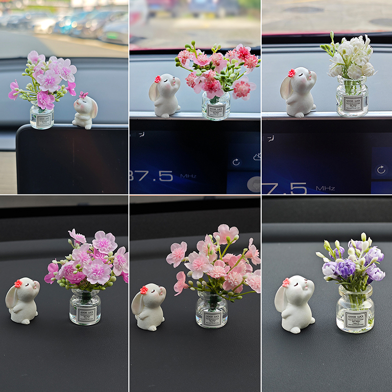 Cute Rose Flower Vase And Rabbit Car Interior Decoration Ornaments Auto Center Console Decoration Gadgets For Car Accessories