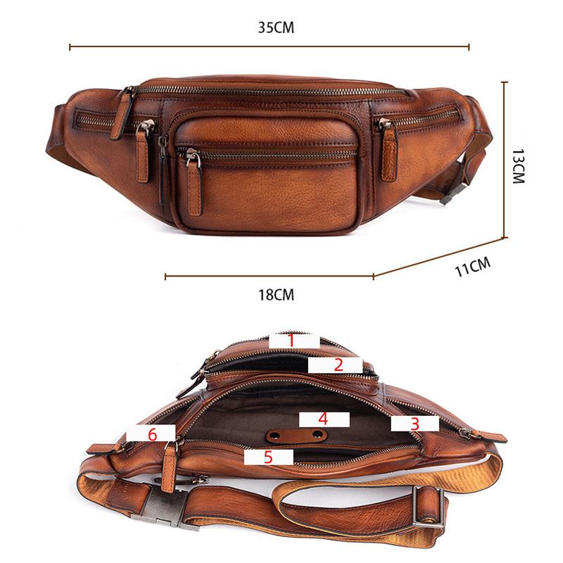 Riñonera de piel de vaca auténtica para hombre, bolso de hombro con bolsillos múltiples, Vintage