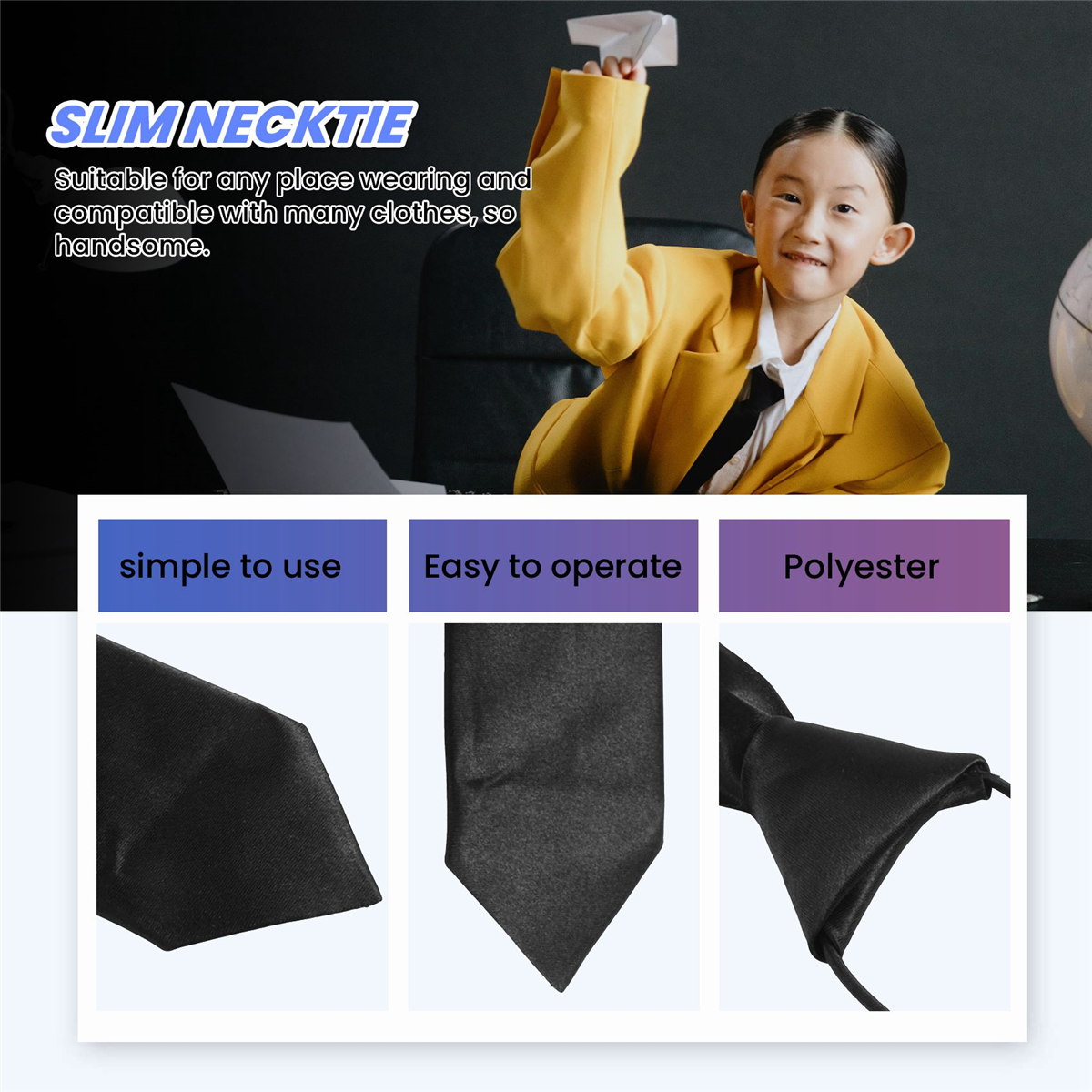 Newest Solid Black Polyester Elastic Slim Necktie Neck Tie for Child