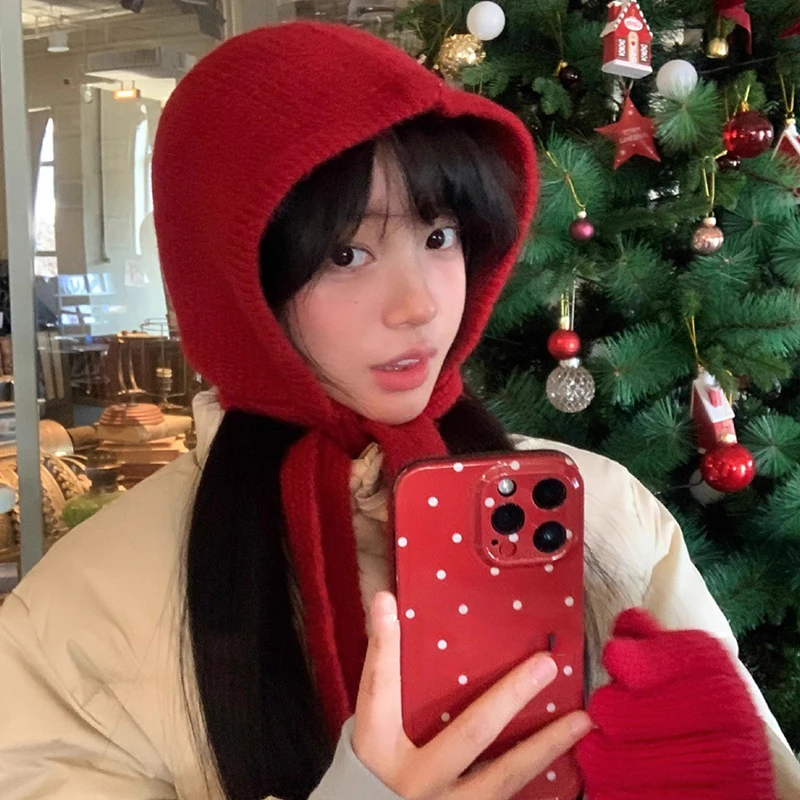 Gorros de punto coreanos, gorro cálido para otoño e invierno para mujer, gorro pasamontañas bonito y agradable, gorro con capucha con correa versátil a la moda