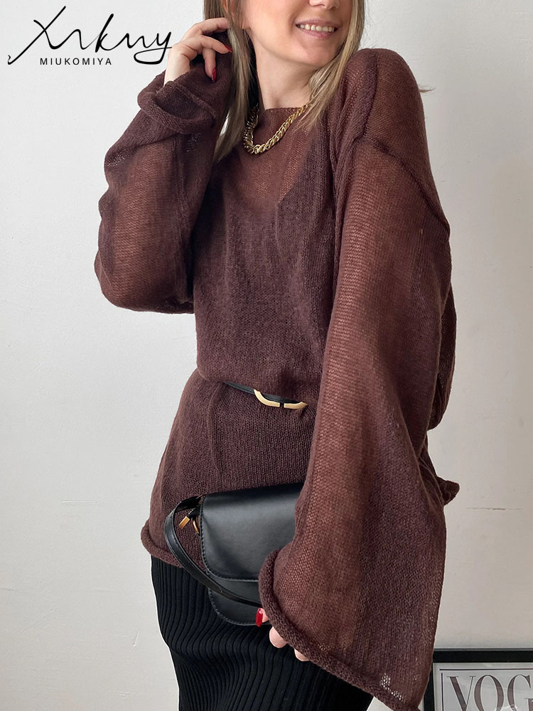 Красные футболки, тонкий вязаный пуловер оверсайз, женская летняя юбка-годе, свободные топы, футболки, прозрачный свитер, Women's long sleeve top