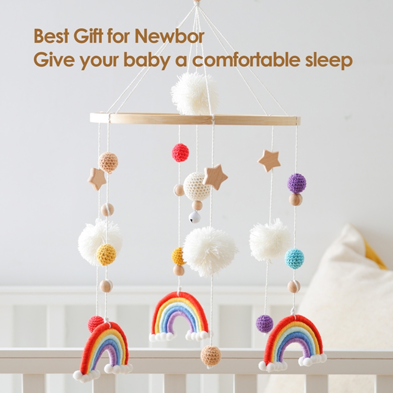 Sonajero de algodón para cuna de bebé, juguete móvil de ganchillo, campana de cuna de arcoíris, sonajero Musical giratorio, juguetes de madera de proyección para cuna de bebé