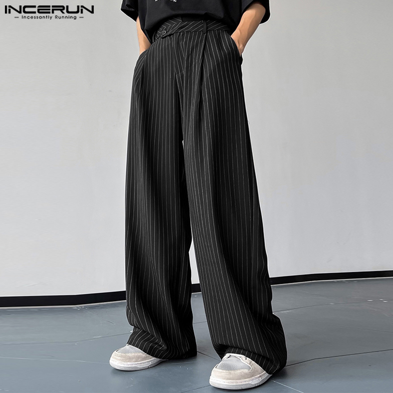 INCERUN 2024 Koreanischen Stil Neue Männer Pantalons Mode Hohe Taille Streifen Lange Hosen Casual Streetwear Männlichen Gerade Hosen S-5XL
