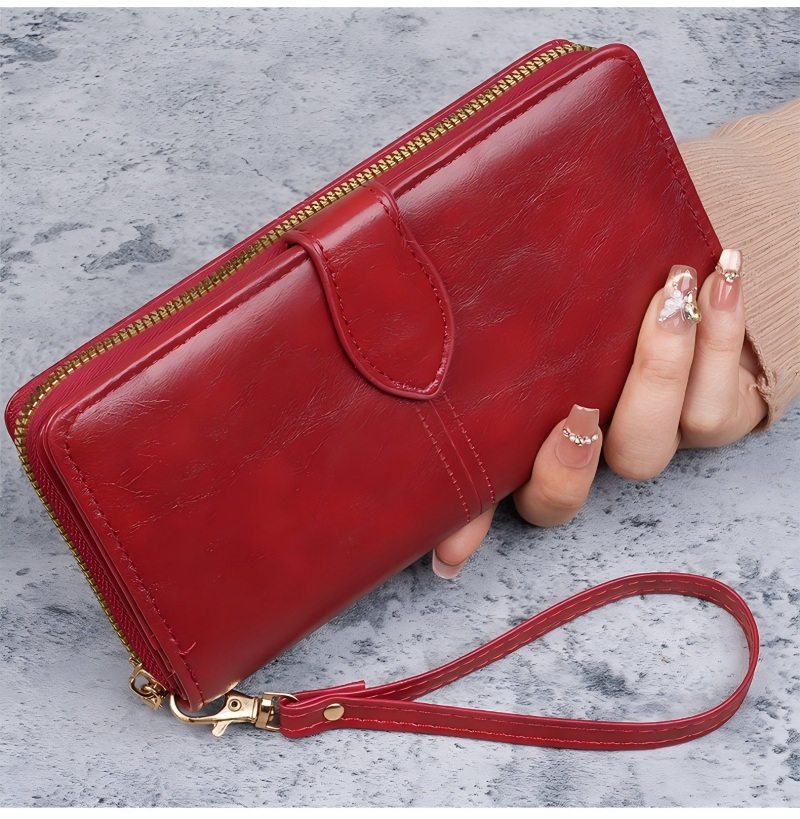 Women's Vintage Oil Wax PU Leather Clutch Wallet Female Large Capacity Phone Purse Ladies Wristband Simple Card Holder Pouch Bag