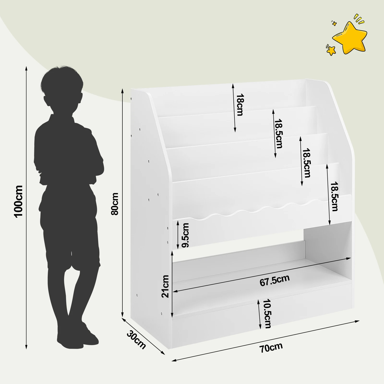 WOLTU Libreria bianca per bambini Libro dei cartoni animati Giocattolo Scaffale portaoggetti Montessori con 5 scomparti per la cameretta dei bambini Asilo