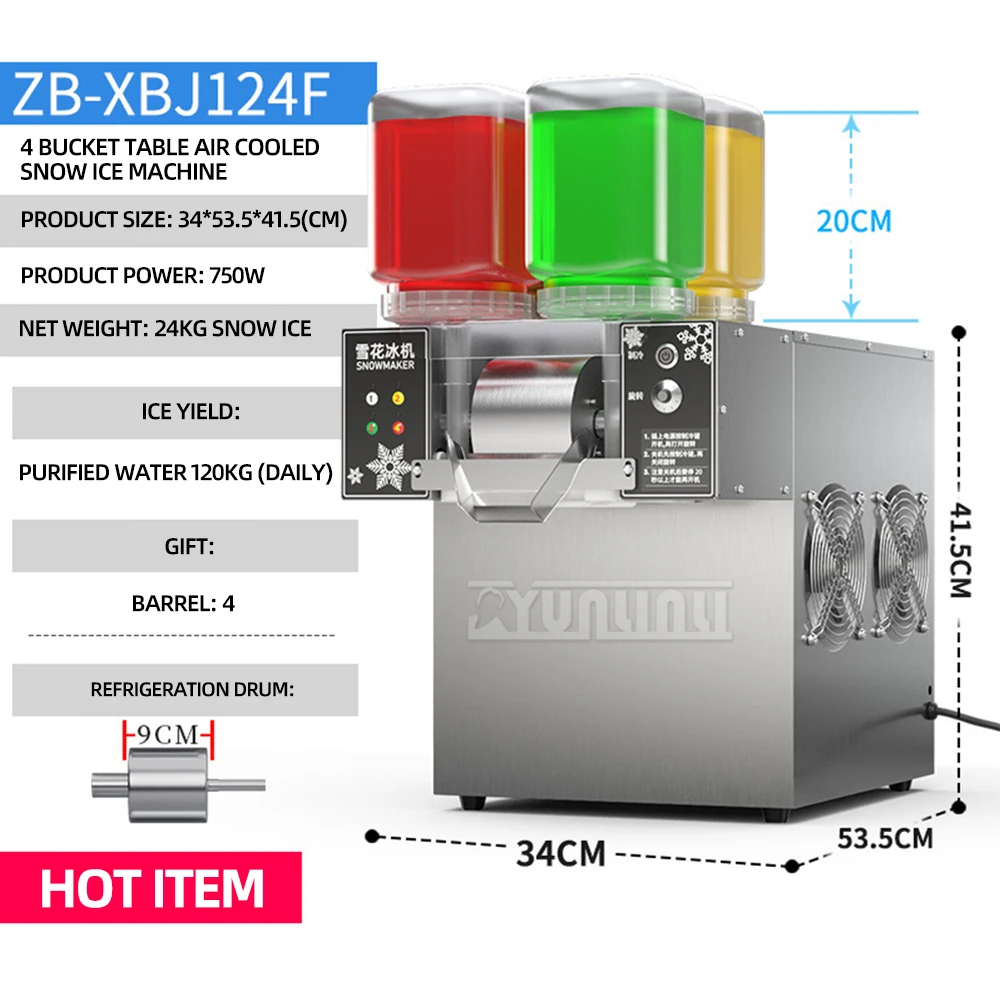 Commercial Snowflake Ice Cream Machine 4 Barrels Rainbow Color Ice Shaver Maker Raspados Hielo