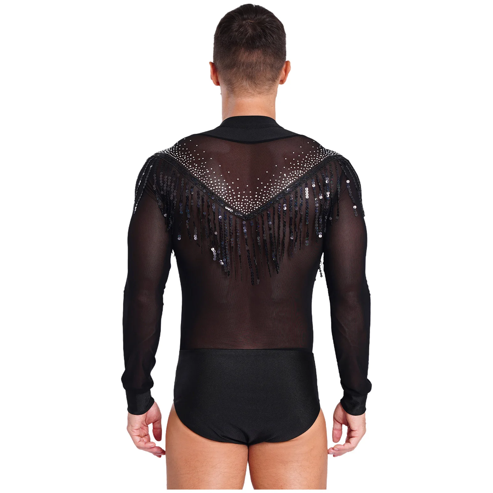 Herren-Body mit Strasssteinen, Hemd, Oberteil, durchsichtiges Netz, Pailletten, Quasten, tiefer V-Ausschnitt, lateinamerikanisches Tango-Tanztrikot, Performance-Kostüm