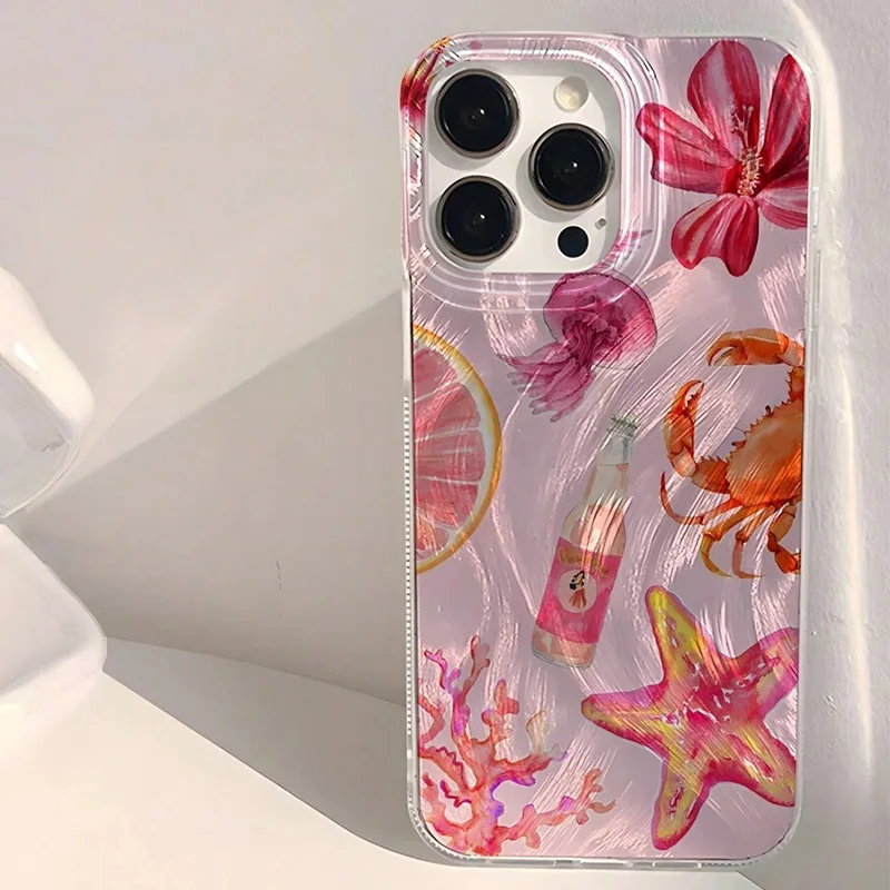 Funda de teléfono para iPhone 16 15 14 13 12 11 Pro Max 16E XS X XR 7 8 Plus SE2 lindo corazón rosa estrella de mar Coral medusas patrón cubierta