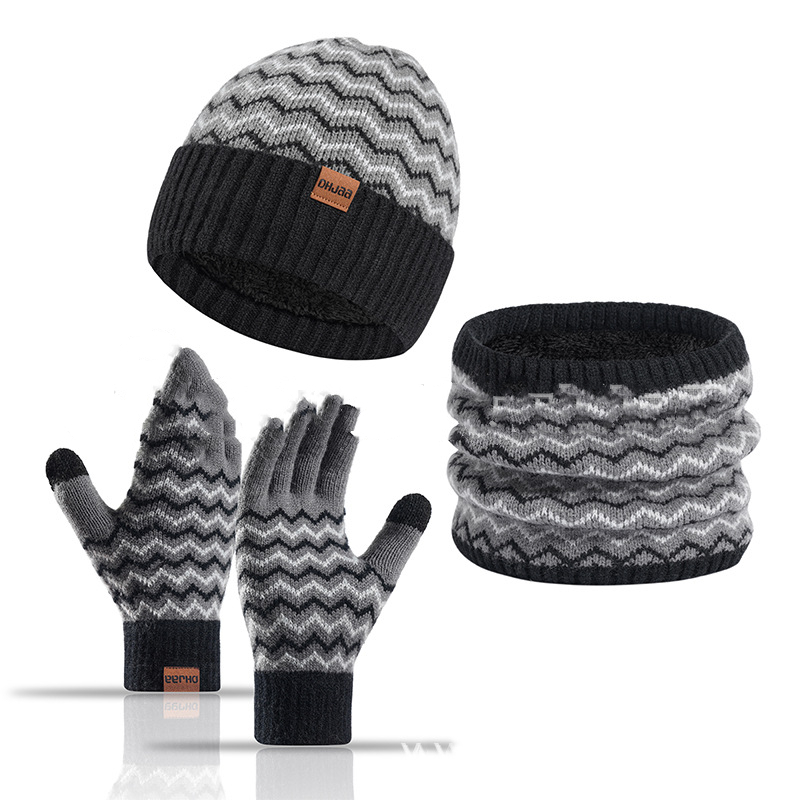 1Set Warm Soft Winter Fleece-lined Knitted Hat Scarves And Touch Screen Gloves 3-Piece Set Perfect Ear Neck Warmer Men's Warm