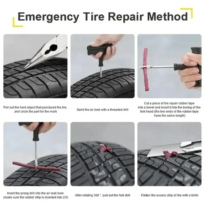 Kit universal de reparo de pneus sem câmara de ar - Plugue rápido 30s e tiras de cordas para carro/motocicleta/caminhão, correção de punção de emergência