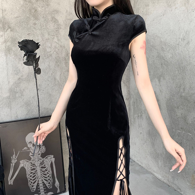 Cheongsam estilo chinês de alta divisão de veludo feminino, bandagem preta vintage, gótico qipao, vestido longo estético retrô, primavera, 2022