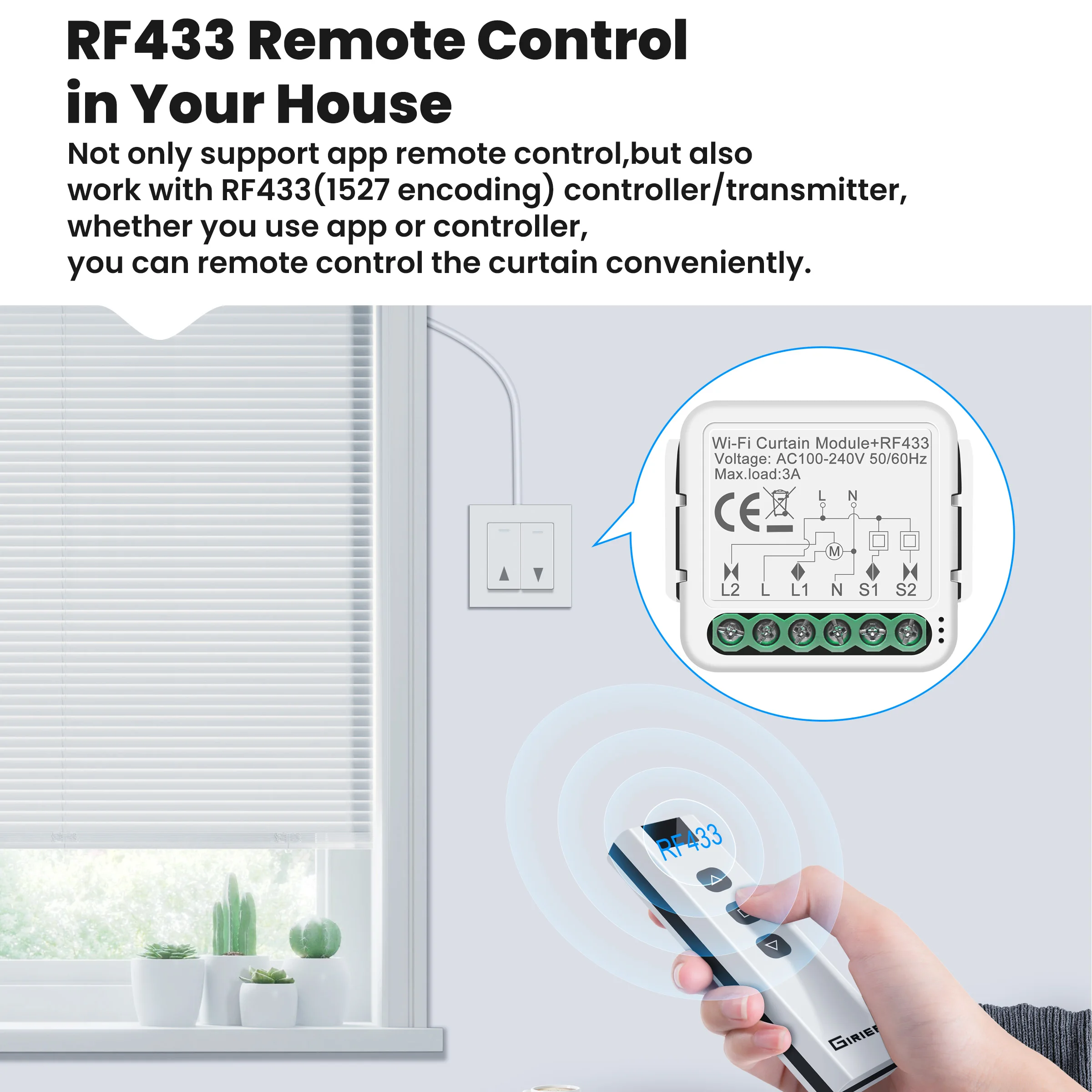 GIRIER Tuya WiFi RF433 Módulo de interruptor de cortina ZigBee Interruptor de cortina inteligente para persianas de persiana funciona com Alexa Ei Google