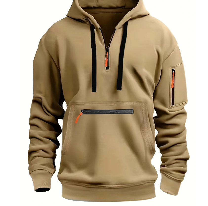 Moda masculina marca primavera outono cor sólida esportes hoodie retro harajuku multi-bolso zíper casual solto manga comprida pullove