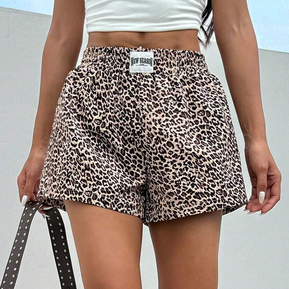 Mia Muse damesshorts zomermode comfortabele 2025, luipaardprint, natuurlijke taille, A-lijn dagelijkse shorts