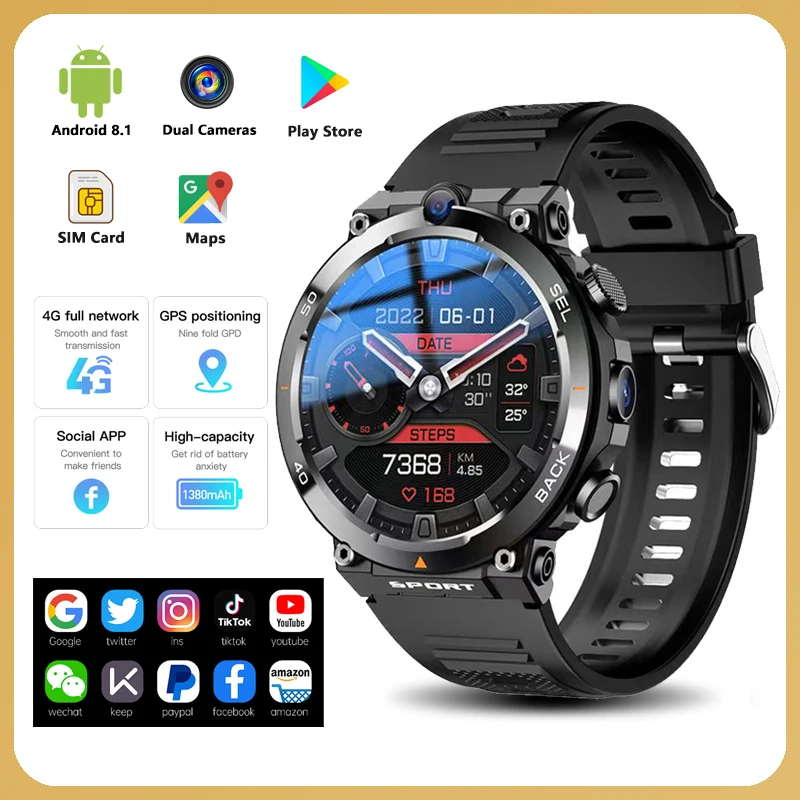 Google Play 1.39-inch 4G Network SIM Card Smart Watch Dual Camera GPS WIFI NFC Rugged 64G-ROM IP67 Android Men Women Smartwatch
