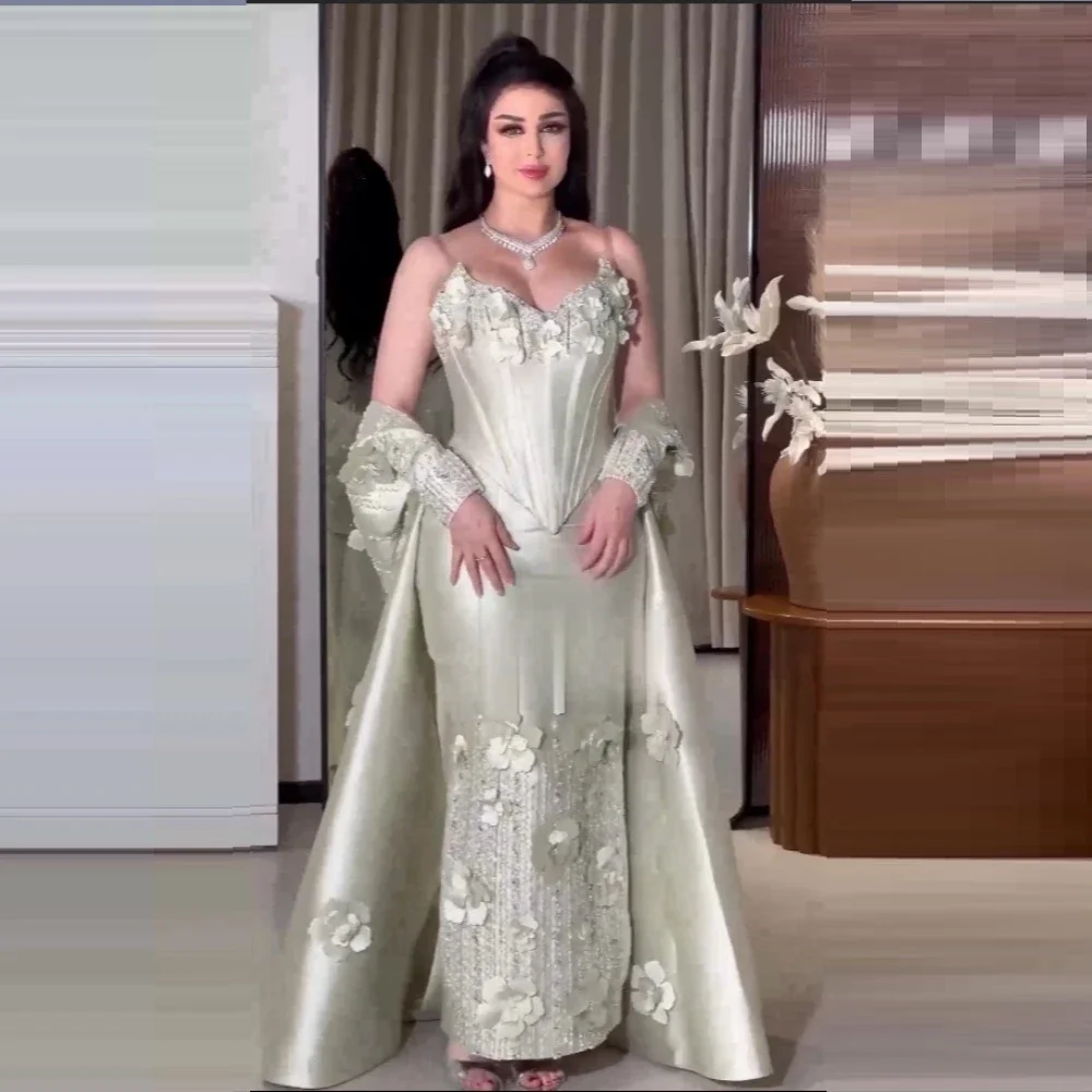 Customized Formal Gown Prom Saudi Arabia Spaghetti Strap V-neck Column Floor Length Skirts Sequin Handmade Flower Ribbon Bespoke