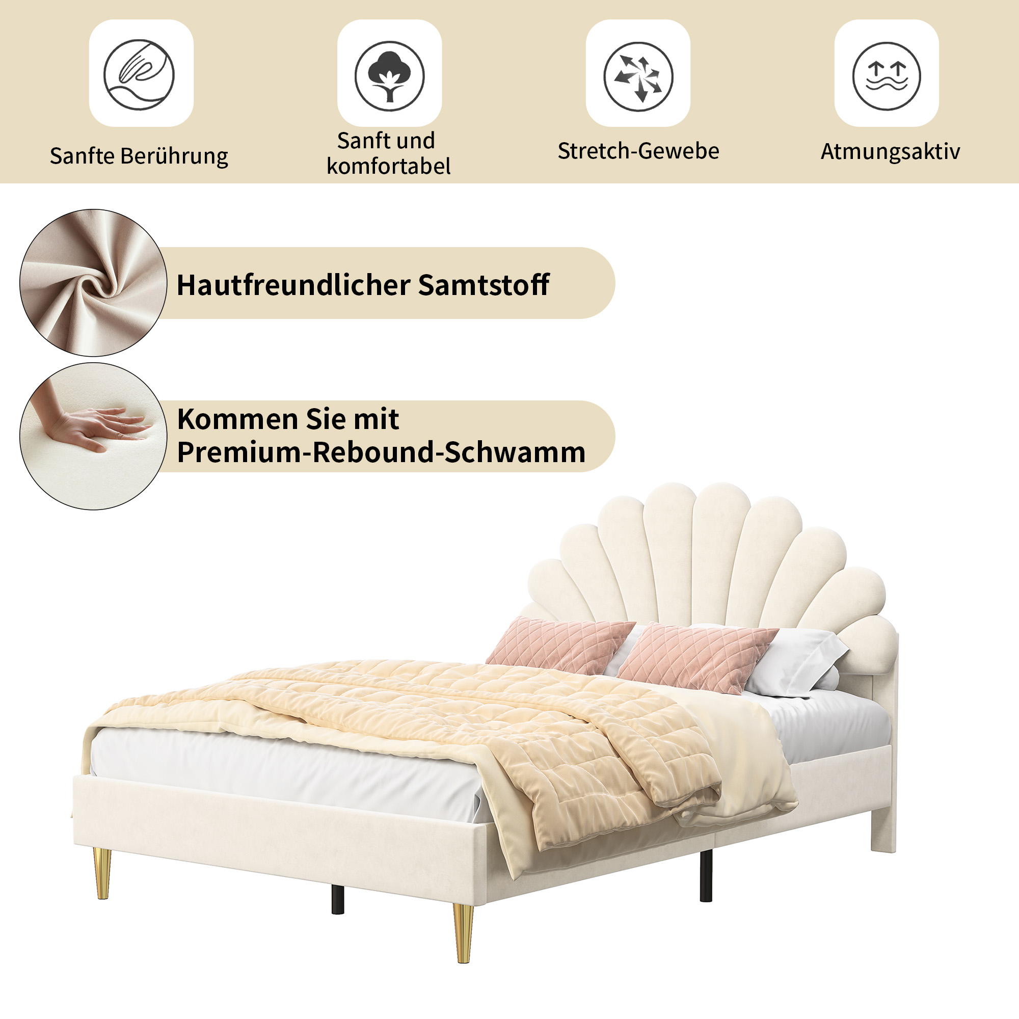 Cama de casal estofada 140 x 200 cm, estrutura de cama com cabeceira em forma de flor e estrutura de ripas - bege - Sem colchão