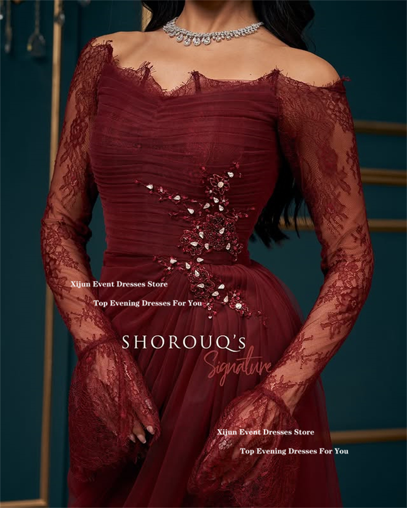 Xijun-Robe de Soirée de Forme Sirène en Dentelle Bordeaux, Tenue de Bal Formelle de Dubaï, à Plis, Personnalisée