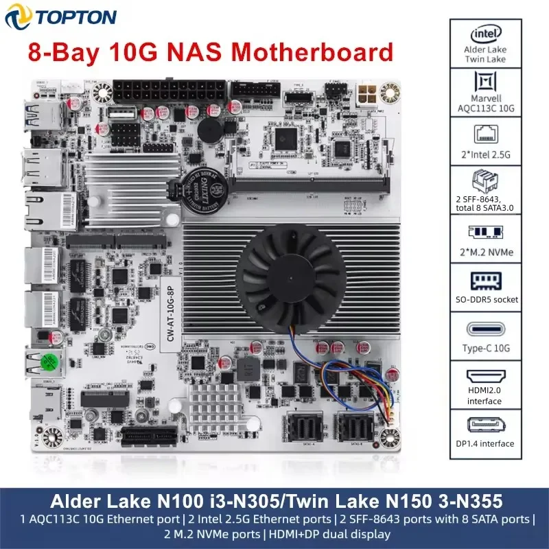 CWWK 8-Bay 10G NAS Motherboard Intel N150 N100 i3-N305 1*10G 2.5G 2*NVMe 2*SFF-8643 to 8*SATA Firewall Mainboard Type-C 17*17