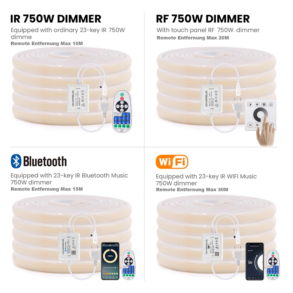 Wall Touch Wifi Bluetooth COB LED Neon Strip Light 220V Dimmable 23key Remote Control Power Kit AC 220V 288LED/m Waterproof Rope