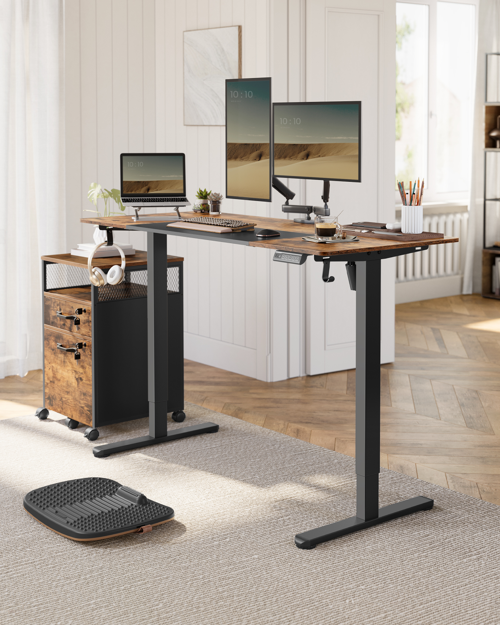 Bureau Électrique Réglable en Hauteur, avec 2 Crochets, Fonction Mémoire 3 Hauteurs, Acier, Noir d'encre