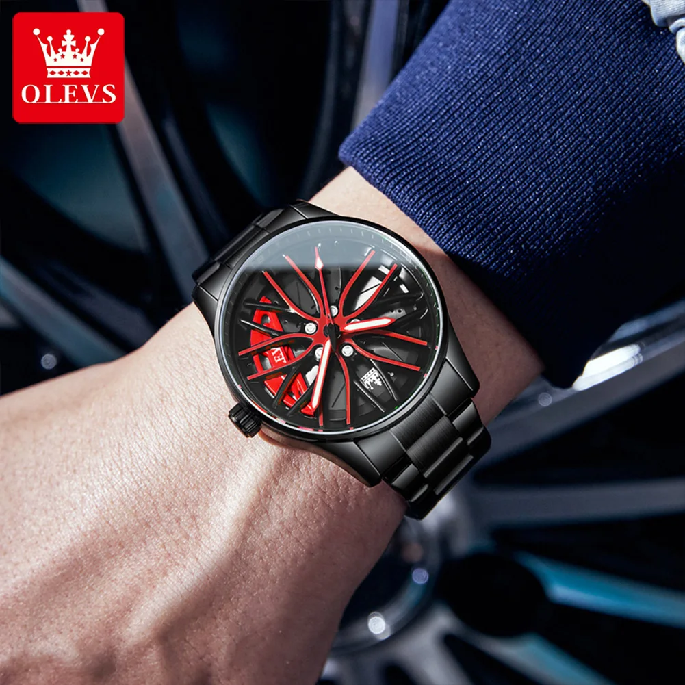 OLEVS Reloj para Hombre 360 °   Reloj de pulsera de cuarzo para hombre, esfera giratoria, llanta de coche deportivo, cubo de rueda, resistente al agua, luminoso, de acero inoxidable