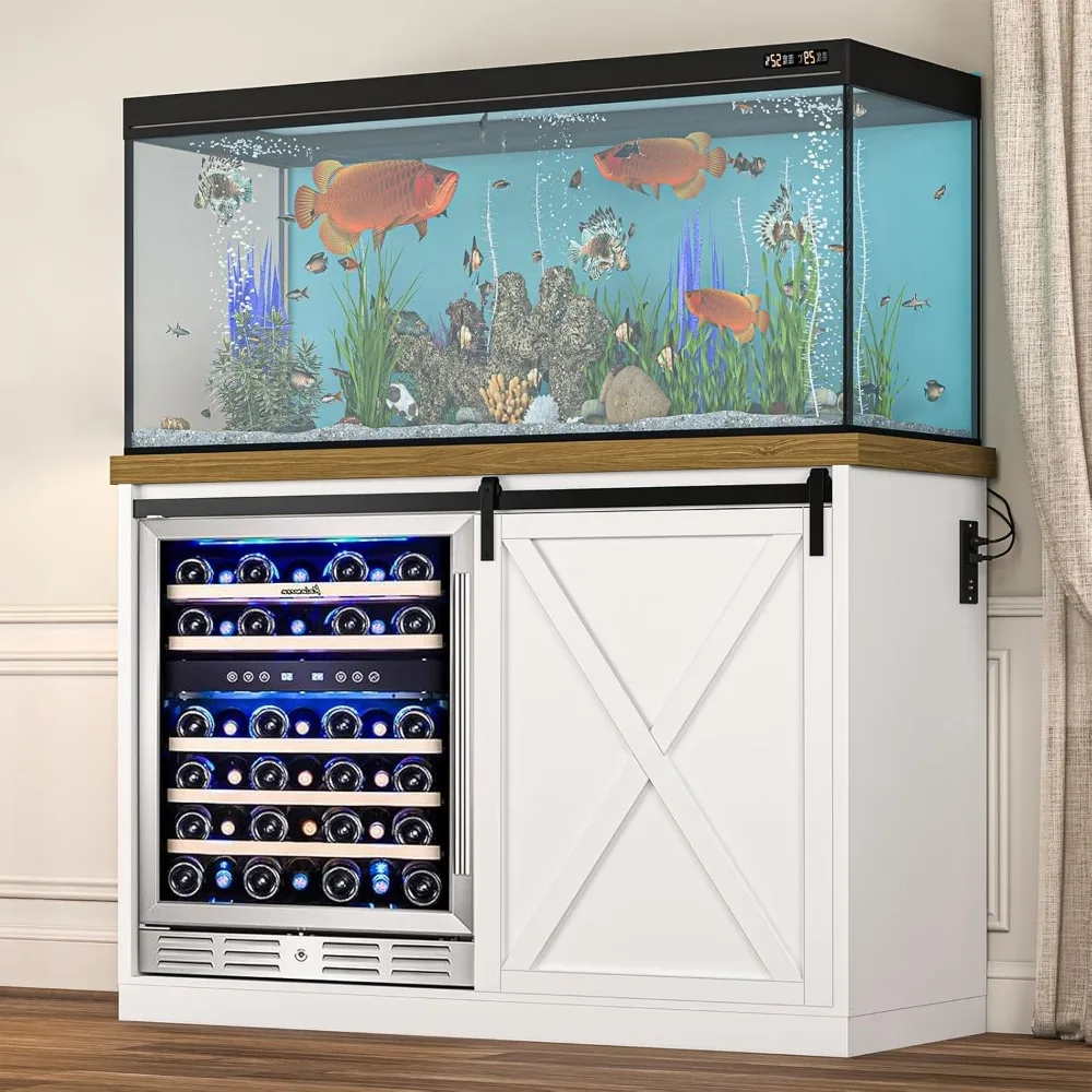 49" Coffee Bar Cabinet - Farmhouse Wine Rack W/ Fridge Space, Power Outlet & Sliding Door"​