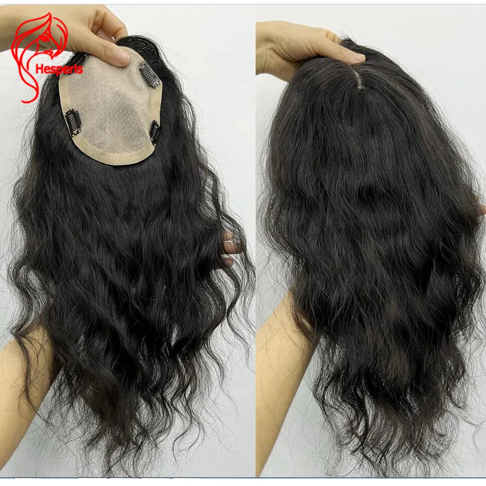 Hesperis-Seda Baseado Real Humano Natural Onda Do Cabelo Topper, Handmade Toupee, Tampa Superior, Área Da Cabeça, Perda De Cabelo, 5x6"