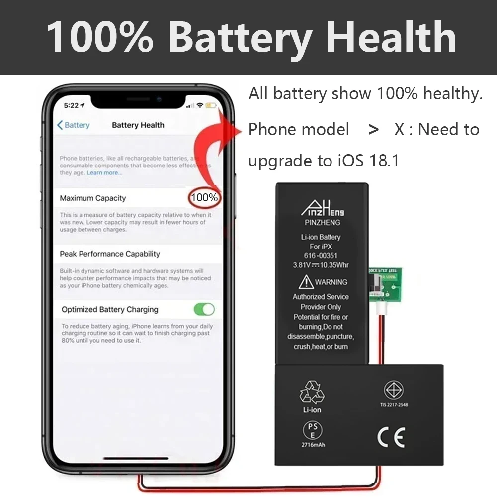 Аккумулятор PINZHENG для iPhone X XR XS 11 12 13 Mini Max Pro Promax, настоящая сменная батарея большой емкости, гарантия один год