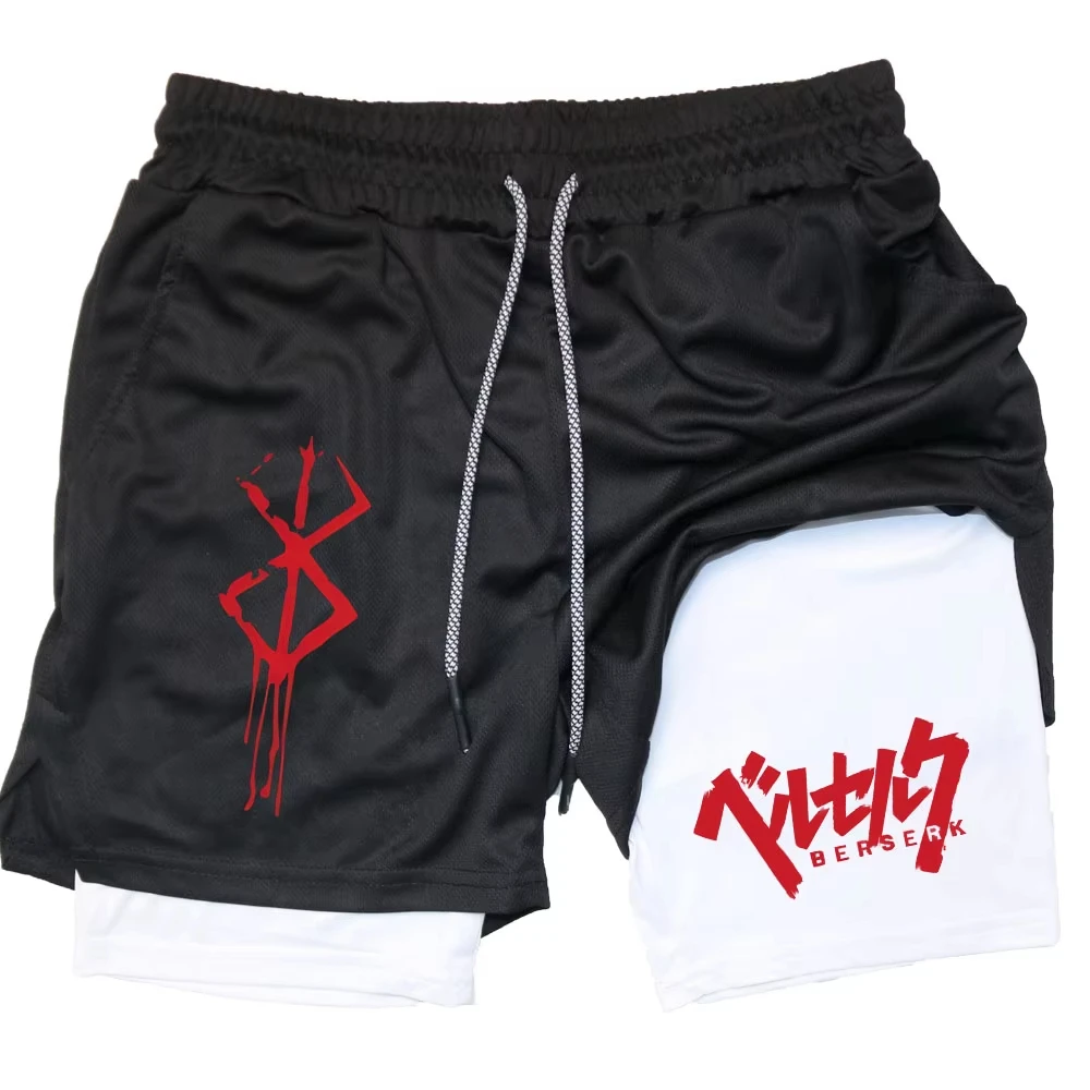 Anime Berserk Performance Shorts Herren 2-in-1 Lauf-Kompressionsshorts Training Yoga Gym Sportbekleidung Workout-Shorts mit Taschen