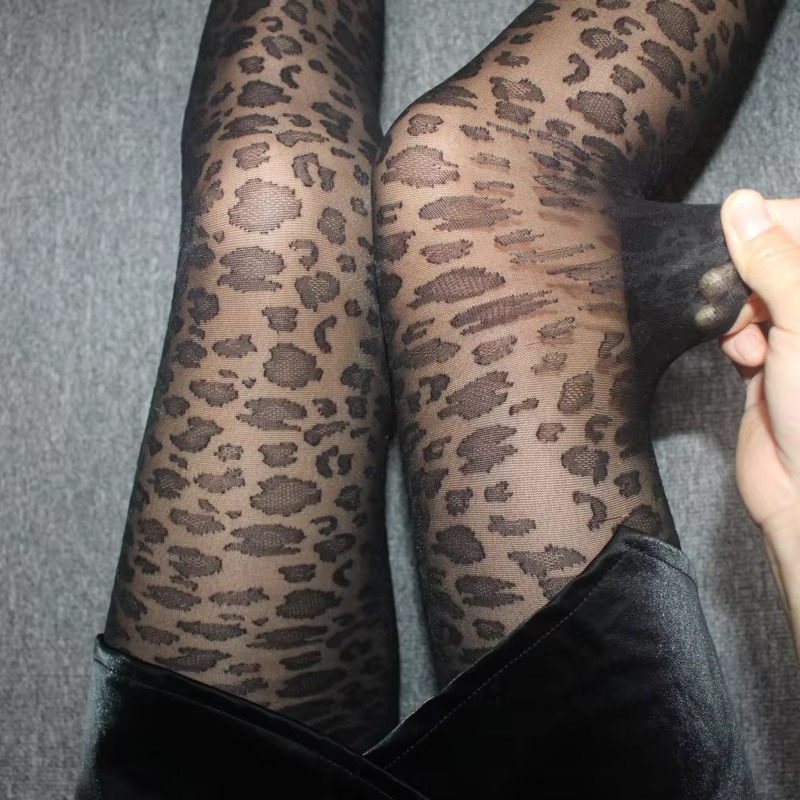 Pantimedias sedosas transparentes finas sexis para mujer, medias góticas negras sexis con estampado de animales de leopardo Vintage, medias transparentes sin costuras