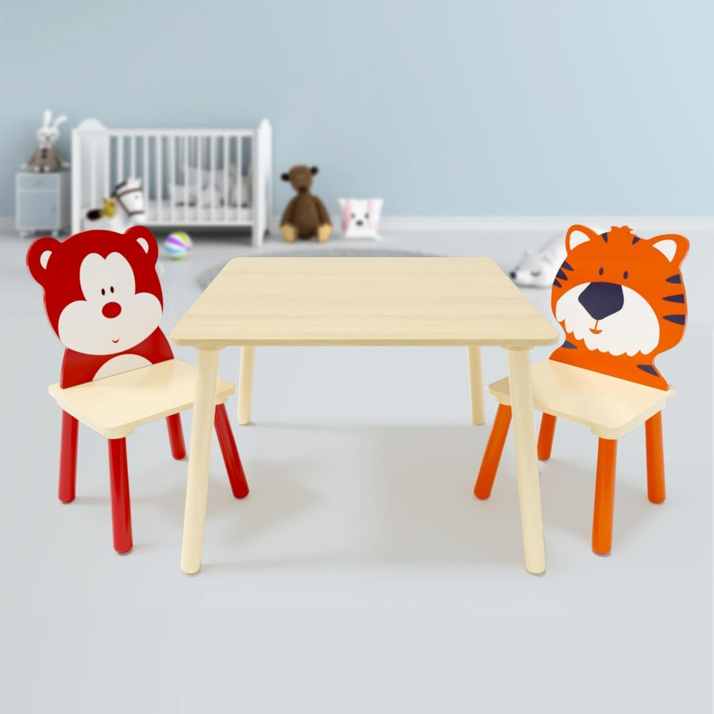 Kids Table and Chair Set, Wooden Toddler Table Set with 2 Chairs, Children Adorably Animal Activity Table for Reading, Drawing