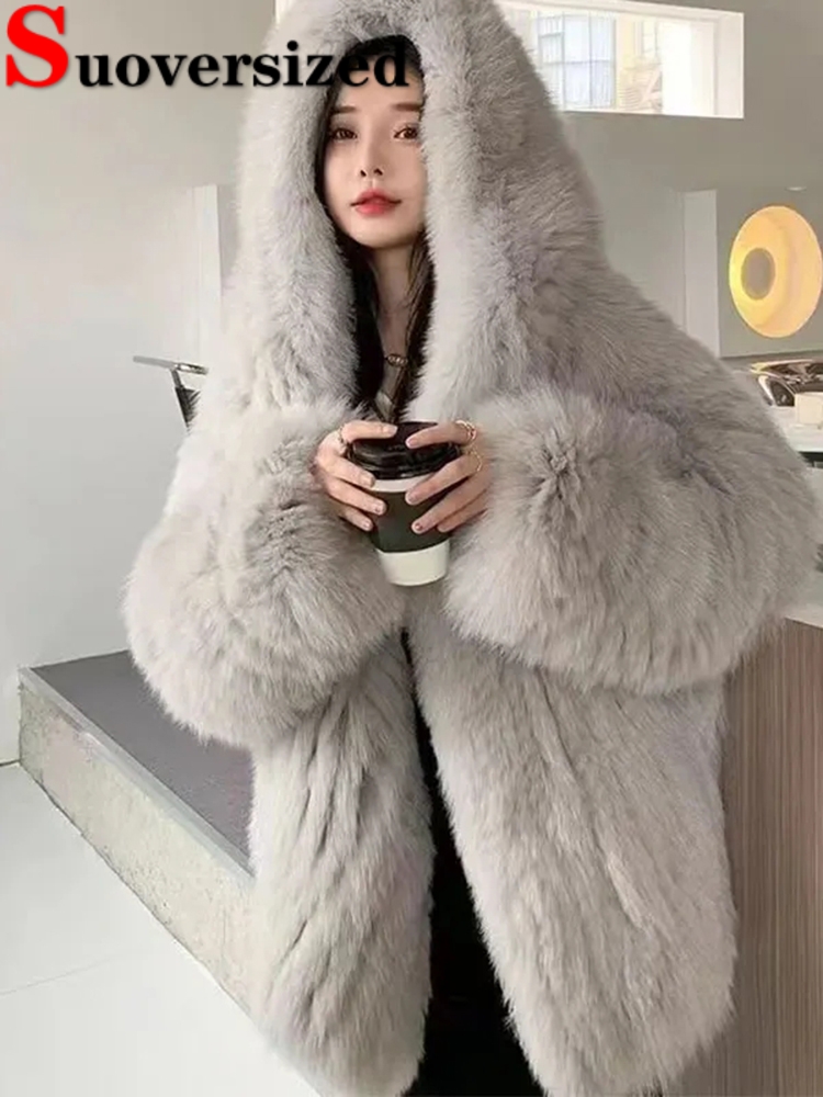 Kapuze Winter Faux Fox Pelz jacke verdicken Luxus pelzigen Mäntel warme koreanische Jaqueta Feminina lose hochwertige Plüsch Chaquetas