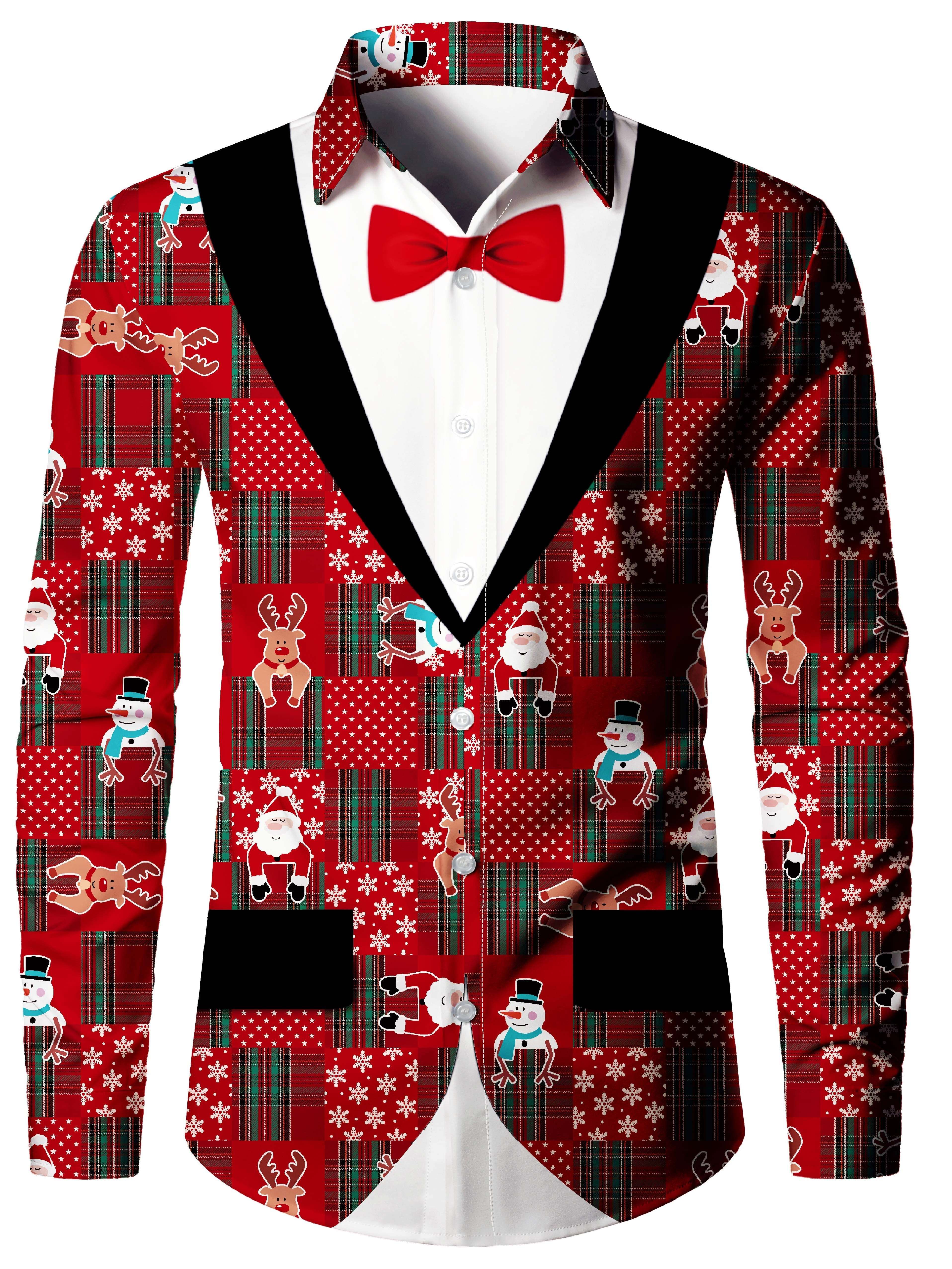 Camisa Festive Humor Ghillie, camisa navideña de manga larga con estampado completo para hombre, tops informales, ropa de manga larga para hombre con Navidad