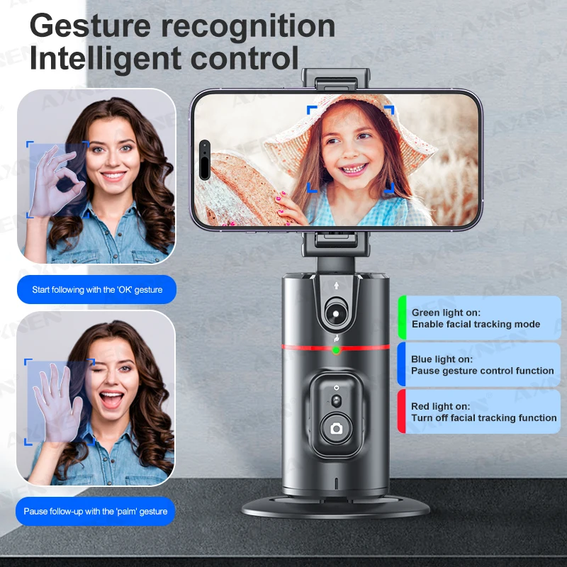 P02 360-Grad-Gimbal-Stabilisator, Follow-up Selfie Desktop Face Tracking Gimbal für Tiktok Smartphone Live, mit Fernauslöser