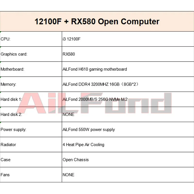 Wholesale Build Desktop PC I3 12100 I5 12400 H610m 16G DDR4 M.2 RX580 Gaming PC Computer with RGB Desktops Prebuilt Accessories
