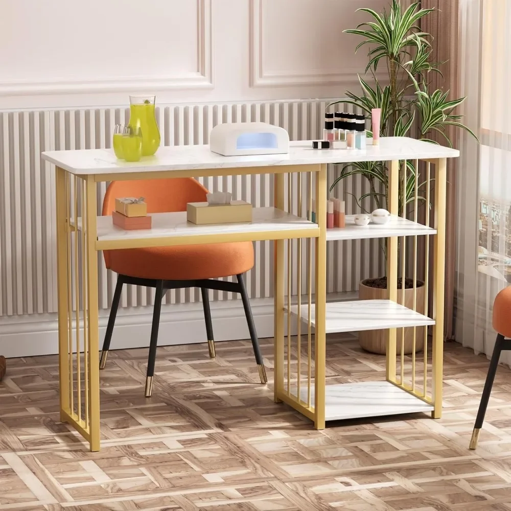 Portable Manicure Table Nail Desk,Nail Table Beauty Salon Tech Station Marbling Texture Manicure Desk with Multi Open Shelves