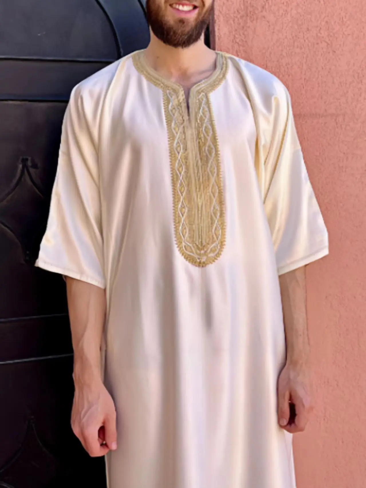 Muçulmano marrocos lslamic novo bordado masculino 100% autêntico original negócios casual de manga curta juventude quatro temporada roupões
