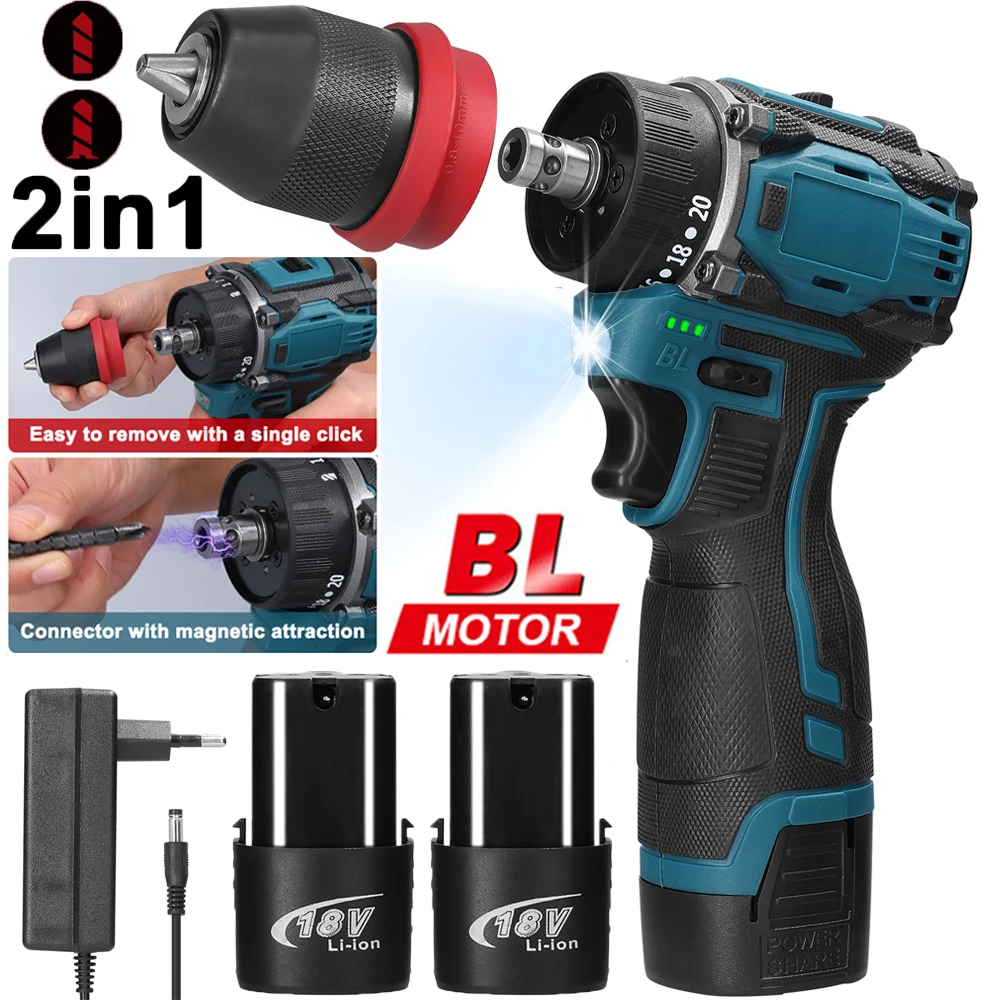 2in1 Akku-Elektroschrauber Bohrer Bürstenloser Motor 45/55 Nm Drehmoment Stufenlose Geschwindigkeitsregelung Hand-Lithium-Treiber-Bohrmaschine