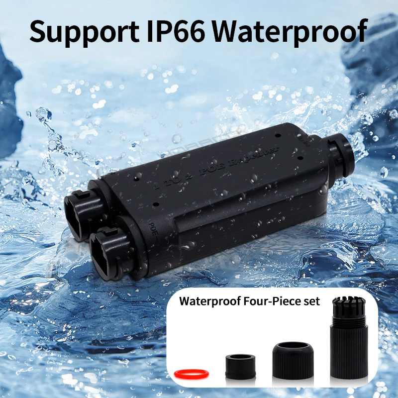 HORACO Repetidor POE à prova d'água de 2 portas IP66 10/100Mbps 1 a 2 Extensor PoE com IEEE802.3af/at 48V externo para câmera comutador POE