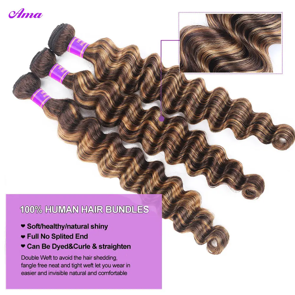 4 27 Highlight Loose Deep Wave 30นิ้ว Ombre สีเส้นผมมนุษย์บราซิลผมสาน1 3 4ช่อผม